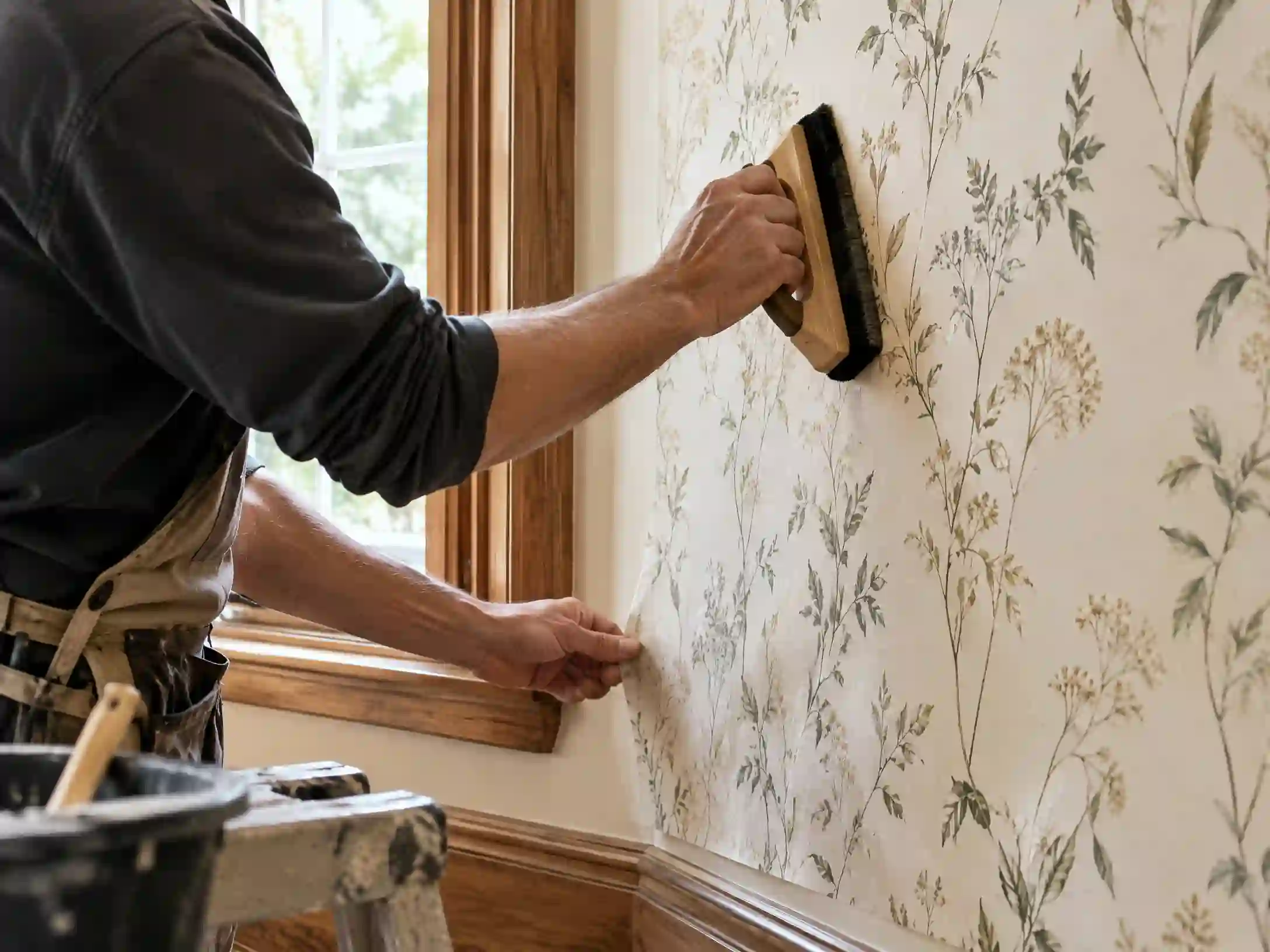 Professional wallpaper installer working on a modern interior installation